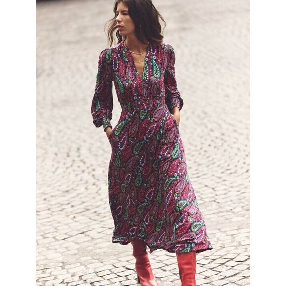 Boden Dresses & Skirts - Boden Womens Midi Dress UK 12R US 8R Red Paisley Ivy Smocked V Neck D1034 NWT